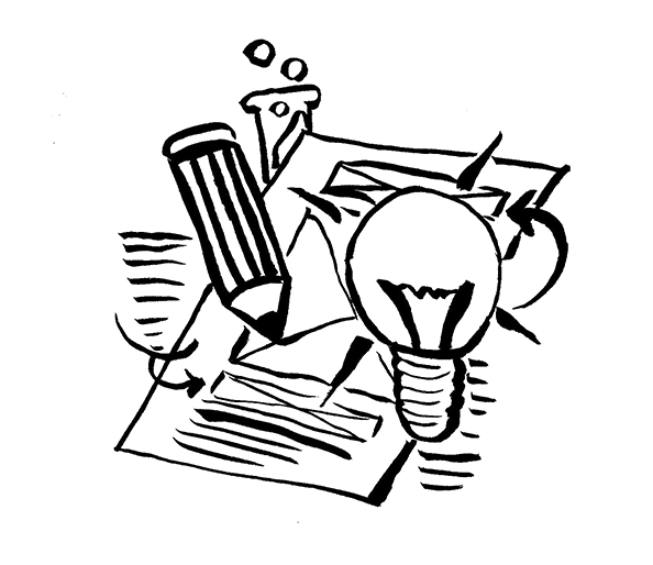 Creative representation of the UI and UX Design Process, including a lightbulb and a pencil and wireframes being made