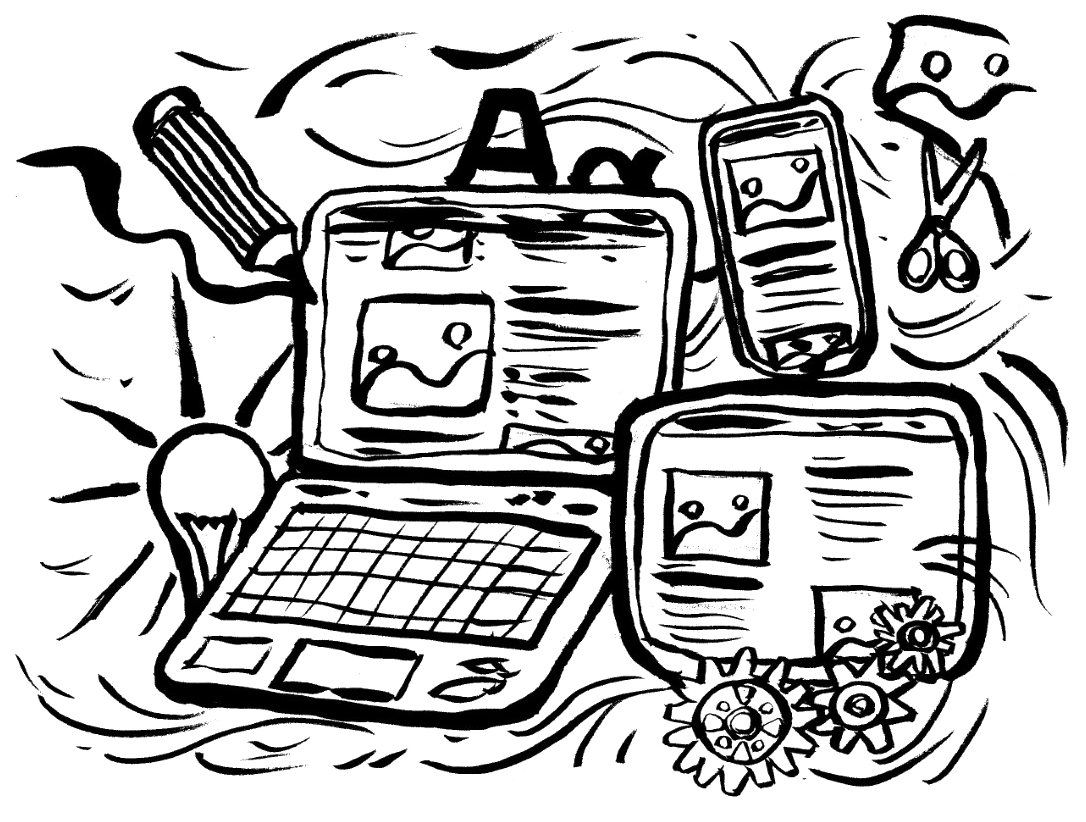 Creative representation of the Web Design, showing screens of different sizes with beautiful websites in them and lightbulbs, typography, pencils