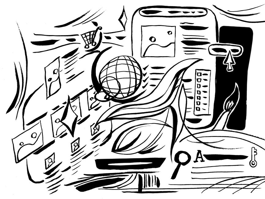 Creative illustration of a web designer giving web design and seo services, with a lot of symbolic and abstract elements like a button, a brush, a shopping cart, and more